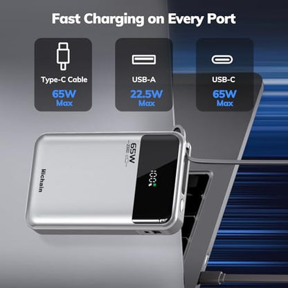Hichain Laptop Power Bank 65W 20000mAh Portable Charger Silver | with Built-in USB-C Cable 3-Port Fast Charging Battery Pack for MacBook iPhone Series Android Switch Travel Essential - color: Silver