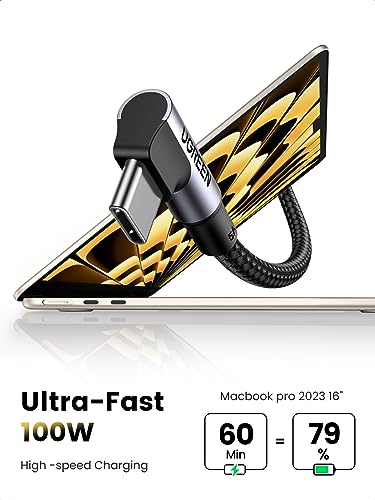 UGREEN 100W Right Angle USB C Cable, Fast Charging Cable, 3.3ft | 90° angled connector for gaming & bedside. For iPhone 17/16/15, MacBook, Galaxy S26/S25, iPad, Pixel, Switch - size: 3.3 ft