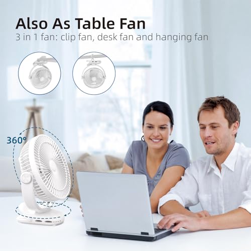 10000mAh 30hrs Rechargeable Clip on Fan, 8 Inch Battery Operated Fan Portable, 4 Speeds, Sturdy Clamp, Quiet USB Fans for Golf Cart Desk Treadmill Camping Truck Outdoor Travel Office, White - color: White