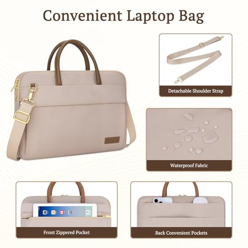 RAINYEAR 14 Inch/15.6 Inch Laptop Bag with Pockets & Handle for Women | Protective Waterproof Elegant Computer Large Capacity Shoulder Bag Case Compatible with MacBook Laptop Computer Notebook - color: Khaki, size: 13-14 Inch