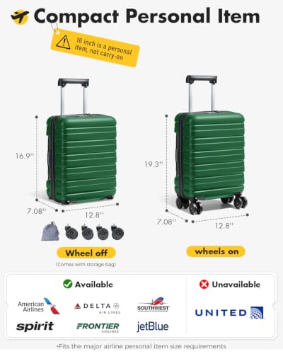 Lekesky 16 Inch Underseat Carry On Luggage Airline Approved, Green | Durable ABS, Small Underseat Carry-on Luggage with TSA Lock Spinner Wheels, Personal Item Luggage Removable Wheels for Travel - color: Green, size: 16 Inch