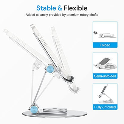 OMOTON Swivel Tablet Stand for iPad with 360 Rotating Base, Foldable Adjustable Holder for Drawing, Compatible with iPad Pro/Air/Mini and More, Silver | Aluminum Foldable Mount with Rotating Base, Desk Kitchen Drawing Travel, Fits iPad Pro/Air Samsung, Ki