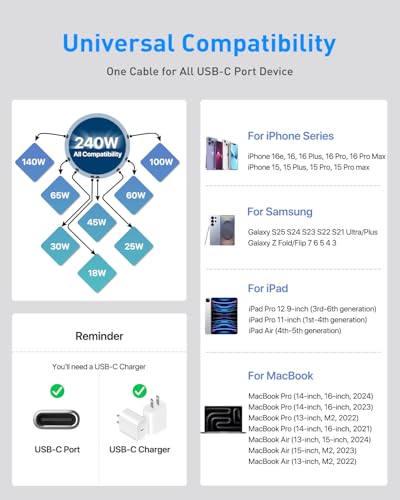 Huukein 240W USB C to USB C Cable 8ft, Long USB C to C Cable Fast Charging | USBC Charger Cord for iPhone 17 Air 16 15 Pro Max Plus 16e, for MacBook Pro and More