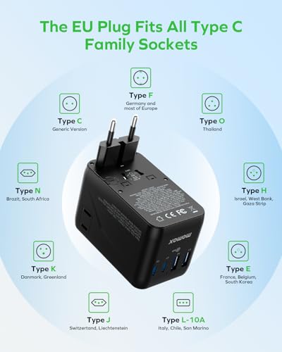 MOMAX 6-in-1 Universal Travel Adapter, GaN 100W International Power Adapter, 2 AC, 2 USB-C PD Fast Charging & 2 USB-A QC, All-in-one International Plug Adapter for Travel European UK AUS JP - color: Black, size: 100W