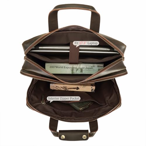 Polare 17" Full Grain Leather Laptop Briefcase Business Travel Laptop Carrying Case Shoulder Bag For Men Fits 17.3” Laptop - color: Dark Brown