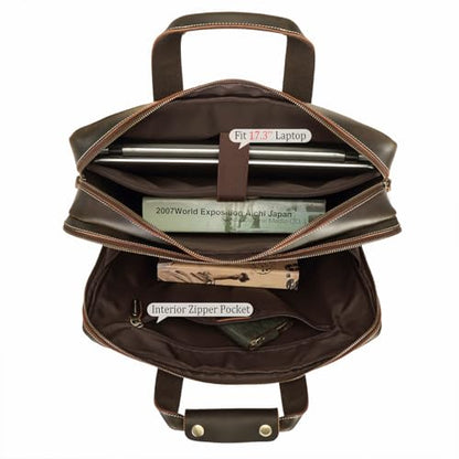 Polare 17" Full Grain Leather Laptop Briefcase Business Travel Laptop Carrying Case Shoulder Bag For Men Fits 17.3” Laptop - color: Dark Brown