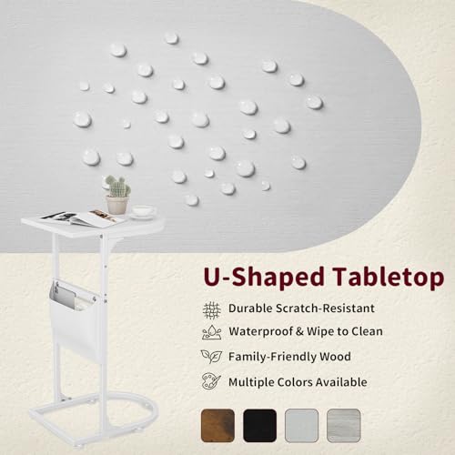 C Shaped End Table, Small Side Table for Couch, C Table that Slides Under Sofa with Storage Bag, TV Tray Table for Recliner, Living Room, Bedside, Bedroom, Small Spaces, White - color: Classic White