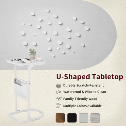C Shaped End Table, Small Side Table for Couch, C Table that Slides Under Sofa with Storage Bag, TV Tray Table for Recliner, Living Room, Bedside, Bedroom, Small Spaces, White - color: Classic White