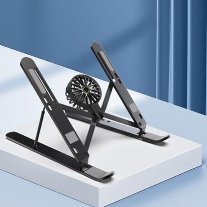 Aluminum Laptop Stand with Cooling Fan 7 Heights Adjustable Foldable Ergonomic Computer Holder for Notebook and Tablets Laptop Elevator Stand - color: Black