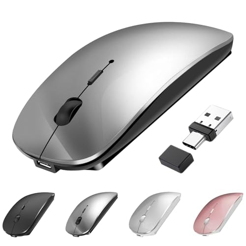 Bluetooth Wireless Mouse USB C for MacBook Air Pro iMac Laptop Desktop Computer, Wireless Rechargeable Silent C Mouse for Mac Desktop/iPad/Surface Pro (BT5.2/3.0, 2.4G USB A, Type-C Receiver) - color: Grey