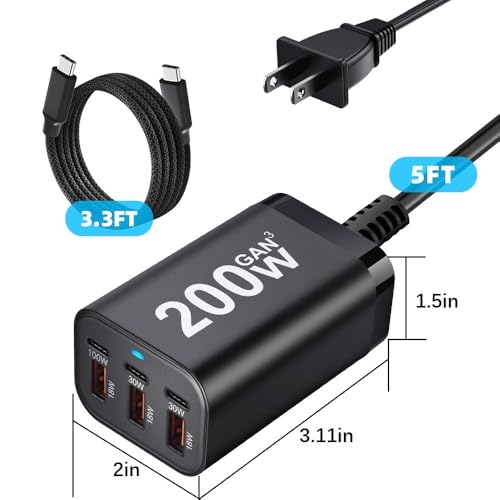 200W USB C Charger Block, 6 Port PD 100W 65W GaN Charger Station | Multi port USB C Charging Station for MacBook Pro/Air, iPad, iPhone, HP/DELL Laptop, Samsung Galaxy, Steam Deck, Pixelbook