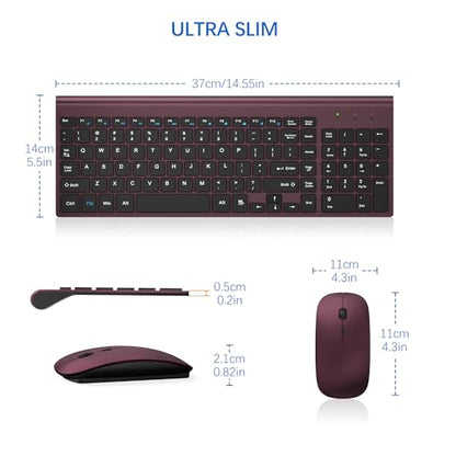 Wireless Keyboard and Mouse Ultra Slim Combo, TopMate 2.4G Silent Compact USB 2400DPI Mouse and Scissor Switch Keyboard Set with Cover, Batteries Included, for PC/Laptop/Windows/Mac - Wine Black - color: Wine Black