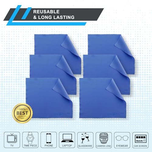 Eco-Fused Microfiber Cleaning Cloth - 7x6'' Microfiber Cloth - Pack of 6 Blue Lens Cleaning Wipes - Cleaning Cloth for Glasses, Eyeglasses, Camera Lens & Phones - color: blue