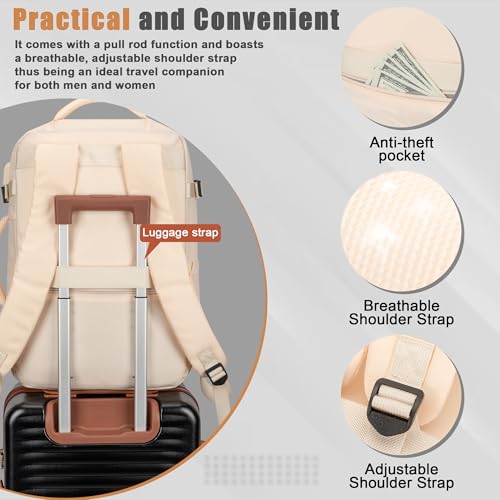 40L Travel Backpack, Flight Approved Carry On Laptop Backpack | Water-resistant, Personal Item Travel Bag, Fits 15.6/17.3 inch Laptop, Hiking, Camping, Business, Commute, Men & Women - color: Beige, size: Large