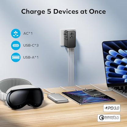 MOMAX 5-in-1 Universal Travel Adapter, GaN 140W International Power Adapter, 3 USB-C PD Fast Charging & 1 USB-A QC, 1 AC, All-in-one International Plug Adapter for Travel European UK AUS JP - size: 140 W