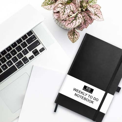 RICCO BELLO Undated Weekly Planner To Do Notebook, Black, 5.7 x 8.4" | Faux Leather Hardcover, Pen Holder, Bookmark & Band Closure, Storage Pocket, For Work, School, Home - color: Black
