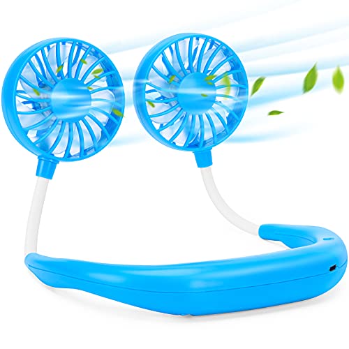 JUANANIUG Portable Neck Fan Rechargeable Personal HandFree Fan Mini USB Wearable Neckband Sport Fan 3 Speed Adjustable 360 Degrees Rotation Perfect for Working Traveling Office Reading (Blue) - color: Blue