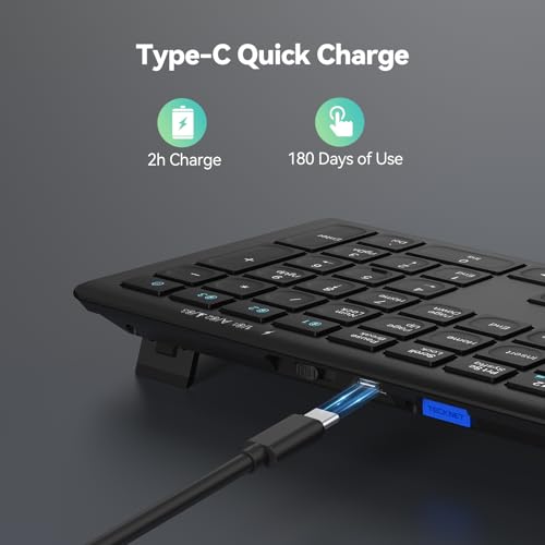 TECKNET Bluetooth Keyboard Rechargeable 4-Device (2.4G+BT) | Multi-device Free Switching, Ultra-Slim, Numeric Keypad, Quiet Full Size Wireless Keyboard for PC/Laptop/Smart TV/Phone - color: Black