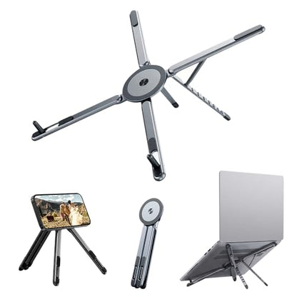 4-in-1 Foldable Laptop Stand, Magnetic Phone Stand & Selfie Stick with 180° Rotating Magnetic Head, Portable Travel Laptop Holder Tripod, 8-Level Ergonomic Height Adjustable Stand (Grey, 1 PCS) - color: Grey, size: 1 PCS