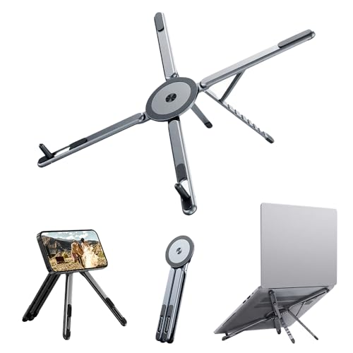 4-in-1 Foldable Laptop Stand, Magnetic Phone Stand & Selfie Stick with 180° Rotating Magnetic Head, Portable Travel Laptop Holder Tripod, 8-Level Ergonomic Height Adjustable Stand (Grey, 1 PCS) - color: Grey, size: 1 PCS