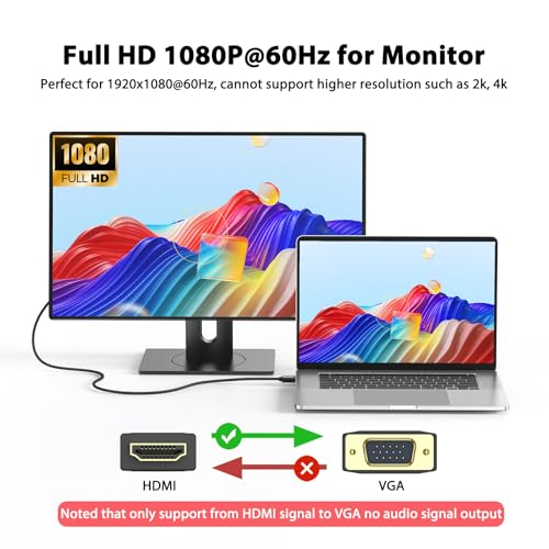 FEMORO HDMI to VGA Cable 3 Feet 1080P@60Hz Male to Male Braided Cord for Desktop Computer PC, Laptop, Xbox, PS3, Raspberry Pi to Monitor - size: 3 Feet
