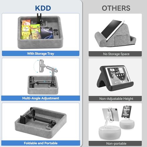 KDD Tablet Pillow Stand - Multi-Angle Adjustable iPad Holder for Lap, Bed and Desk - Foldable Kindle Soft Pad Dock with Storage Tray Compatible with iPad Pro 12.9, Air Mini, Phone, E-Reader