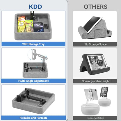 KDD Tablet Pillow Stand - Multi-Angle Adjustable iPad Holder for Lap, Bed and Desk - Foldable Kindle Soft Pad Dock with Storage Tray Compatible with iPad Pro 12.9, Air Mini, Phone, E-Reader