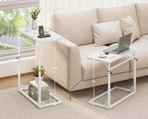 C Shaped End Table with Charging Station, C-Table End Table Adjustable Height Side Table for Couch, Large Couch Table, Slide Under Sofa Table TV Tray Arm Table for Living Room, Bedroom, White - color: White, style: With Plug