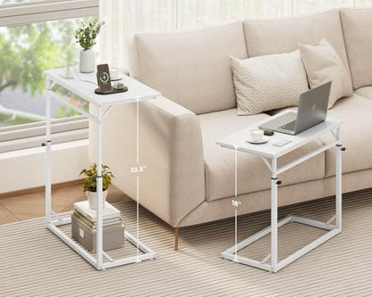 C Shaped End Table with Charging Station, C-Table End Table Adjustable Height Side Table for Couch, Large Couch Table, Slide Under Sofa Table TV Tray Arm Table for Living Room, Bedroom, White - color: White, style: With Plug