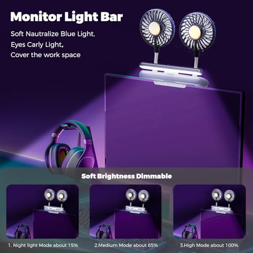 USB Monitor Clip on Fan Deepsea Blue | Flip-Open LED Light Bar, Two-Head Personal Cooling, 3 Wind Speeds, For Flat & Curved Monitors - color: Deepsea Blue