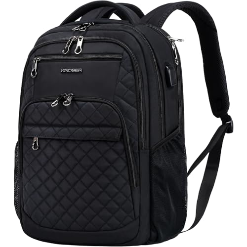 KROSER Travel Laptop Backpack 17 Inch Large Computer Backpack Black | Water-Repellent Daypack, USB Charging Port, RFID Pockets, for Work/Business/College/Men/Women, Quilted - color: Quilted Black