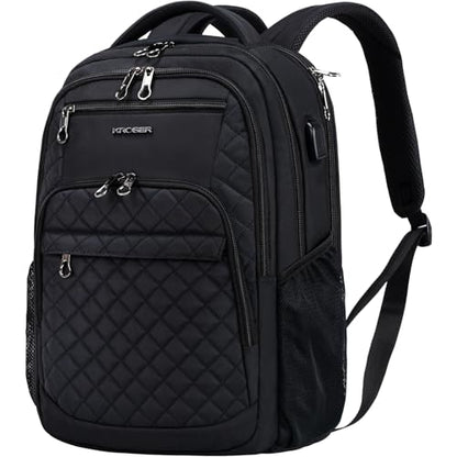 KROSER Travel Laptop Backpack 17 Inch Large Computer Backpack Black | Water-Repellent Daypack, USB Charging Port, RFID Pockets, for Work/Business/College/Men/Women, Quilted - color: Quilted Black