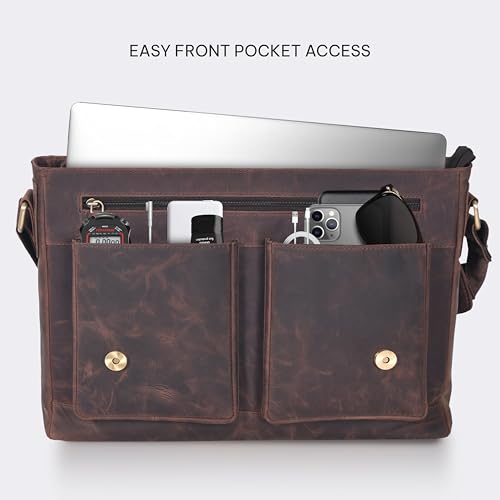 VALENCHI 15" Full Grain Leather Laptop Messenger Bag For Men & Women - Padded 15.3" Laptop Compartment, Ample Storage & Pockets, Premium Natural Leather (Brown Oily Hunter) - color: Brown Oily Hunter