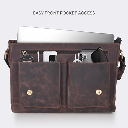 VALENCHI 15" Full Grain Leather Laptop Messenger Bag For Men & Women - Padded 15.3" Laptop Compartment, Ample Storage & Pockets, Premium Natural Leather (Brown Oily Hunter) - color: Brown Oily Hunter