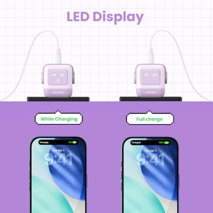 UGREEN Uno 30W USB C Charger Block, Compact Nexode Robot GaN Fast Charger for iPhone 17/16/15/14, Galaxy S26/S25/S24/S23, Pixel 10/9/8/7, MacBook Neo/Air, iPad Pro, Kawaii Purple - color: Purple