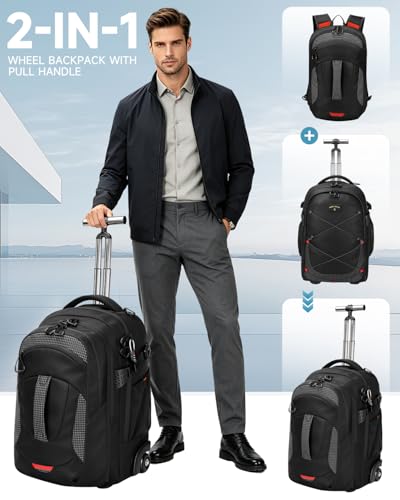 2-in-1 Detachable Backpack with wheels,56L Large rolling backpack-Splits into Daypack & Laptop Backpack Fits 17 Inch Laptop,Water Resistant Luggage suitcase,Air Travel,Weekend Trips - color: Black