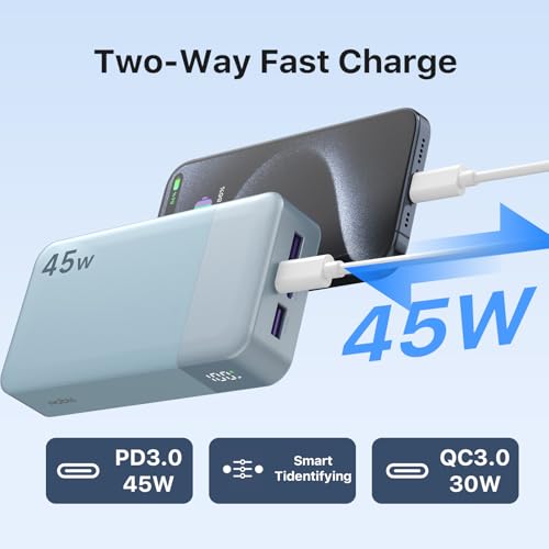 NOBIS Portable Charger 45W 20000mAh Power Bank Fast Charging | 2C+2A Battery Pack with C to C Cable, Battery Bank with Digital Display for iPhone Android Laptop etc - color: Light Blue
