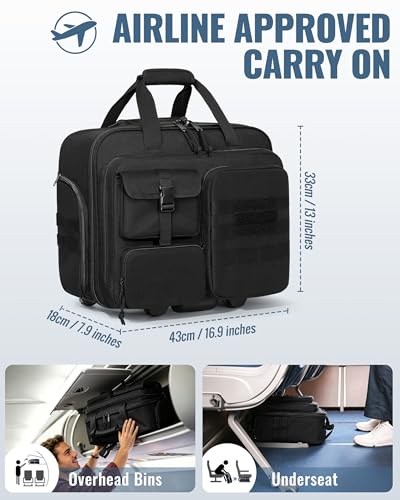 Rolling Tactical Messenger Bag, 17.3 Inch Briefcase with Wheels | A Padded Laptop Sleeve, Accordion File Organizer, Opens 180° Flat, Wheeled Military Laptop Bag for Work Commute Flight