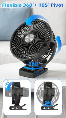 Meudeen 10000mAh Battery Operated Clip on Fan - 8 Inch Portable Timer Fan for Golf Cart - Table - 5 Speeds High-Velocity Airflow - LED Lantern - with Beach - Bedroom - Desk Fan - color: Matte Black