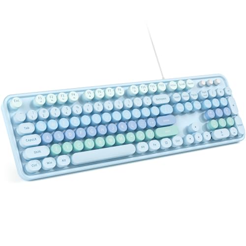 MOWUX Computer Keyboard Wired, Plug and Play USB Retro Round Typewriter Keyboard, Full Size Wired Keyboard with Foldable Stands for Laptop and Office PC- Purple Gradient - color: Blue with Large Print