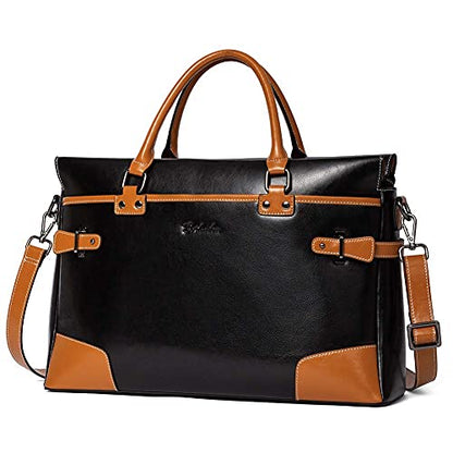BOSTANTEN Briefcase for Women Leather Laptop Bag 15.6 inch Computer Messenger Office Business Work Tote - color: Black