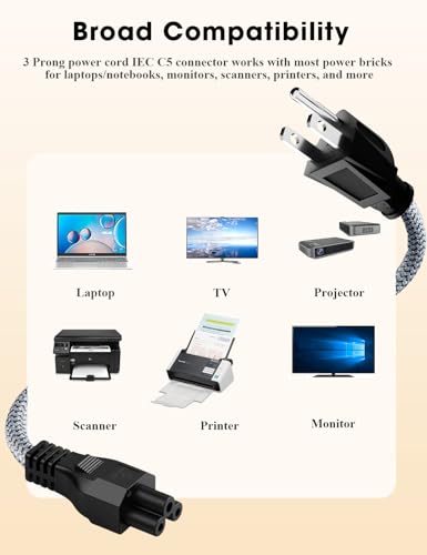 Goalfish 3 Prong AC Power Cord for Computer Laptop, 10ft, Heavy Duty | Nylon Braided,for Dell HP LG Lenovo Asus Acer Toshiba Sony Laptops/Notebooks, Monitors, Printers, Scanners NEMA 5-15P to C5 - size: 3m