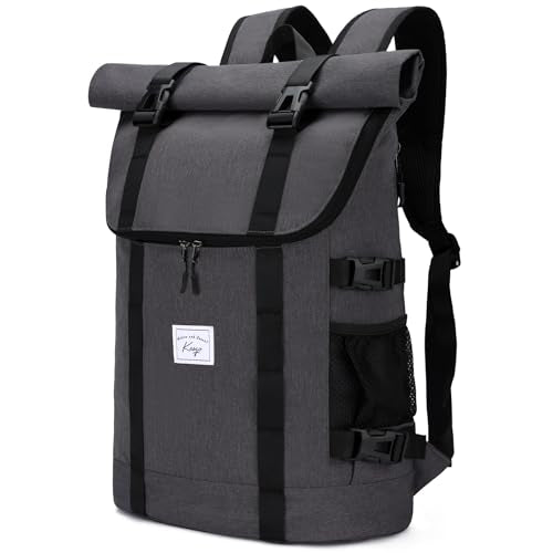 Kasqo Rolltop Backpack, Water-Resistant Backpack with Laptop Compartment for 15.6 Inch Computer Men Women 26L-33L Daypack - color: Grey
