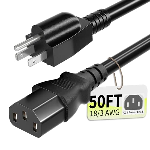 Vockjour Universal 50ft(14.8m) Power Cord, 3-Prong Pure Copper ETL, Black | 10 Amps 125 Volts NEMA 5-15P to C13 AC Cable for TV Monitor PC Printer PlayStation Samsung Dell HP Sony LG Apple Vizio Asus - size: 50FT