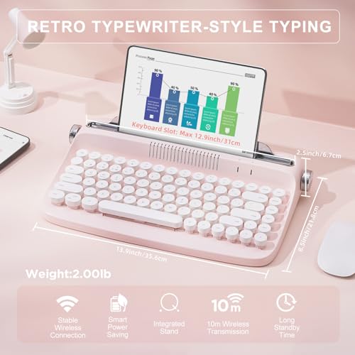 YUNZII ACTTO B303 Wireless Typewriter Keyboard, Bluetooth Connection, Cute Retro Aesthetic Design with Integrated Stand for Tablet, Phone, PC and Win/Mac/Android(B303, Baby Pink) - style: Baby Pink