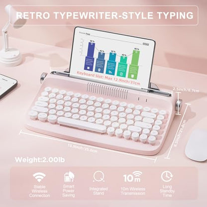 YUNZII ACTTO B303 Wireless Typewriter Keyboard, Bluetooth Connection, Cute Retro Aesthetic Design with Integrated Stand for Tablet, Phone, PC and Win/Mac/Android(B303, Baby Pink) - style: Baby Pink