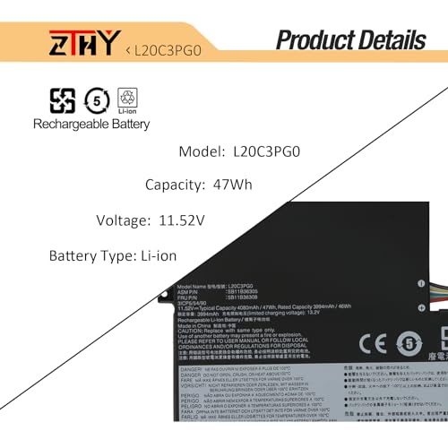 47Wh L20C3PG0 L20M3PG0 Battery Replacement for Lenovo 100w 300w 500w Gen 3 | 100e 300e Chromebook Gen 3, IdeaPad 3 Chrome 15IJL6, IdeaPad Flex 3 Chrome 15IJL7 Laptop L20D3PG0 L20L3PG0 L20M3PG2 11.52V - size: 13.89*3.93*0.27 inch L20C3PG0