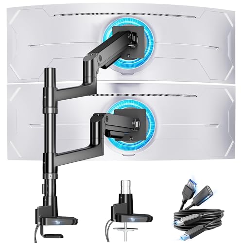 ARES WING Stack Dual Ultrawide Monitor Mount with USB A/C for 17 to 49 Inch | Pro Gas Spring, Aluminum Material, Flexible Screen Layouts, for 75/100 Vesa Mount, Hold 44 Lbs Each Arm, for Samsung Monitor - color: Black with USB, size: with 18'' Pole
