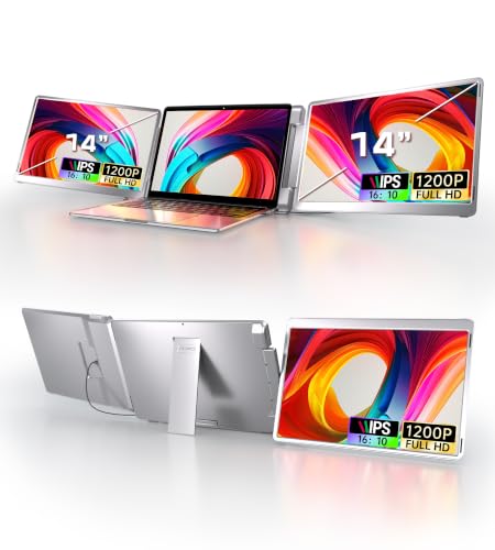 14" Triple Monitor Laptop Screen Extender, FHD 1200P 16:10 | Left Screen 360° Flip Portable Monitor for 12-16.5" Laptops Plug & Play Laptop Screen Extender