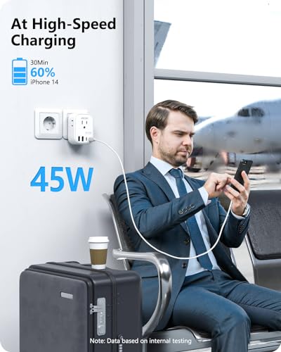 LENCENT Germany France Travel Power Adapter, PD 45W USB C Fast Charger | Schuko Type E F Plug Adapter with 4 Outlets, Travel Essentials for US to Europe EU Spain Greece Russia Germany South Korea - style: Type E/F-45W-Germany